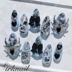 即購入可♡276ネイルチップ　サブカル　メンカラ　推し　地雷系　水色　ゴテゴテ