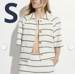 H&M ボーダー 半袖ジャケット 金ボタン ツイード風 ブークレ素材 S