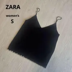 【ザラ】ZARA裾パール ニットキャミソール ブラック Vネック 黒 S 美品