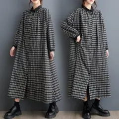 パフスリーブ 切り替え 着痩せ シャツロングワンピース チェック柄 フリー