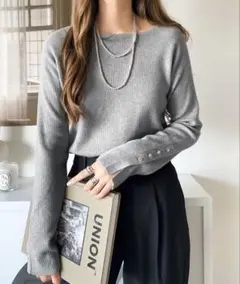 classicalelf 袖ボタンクルーネックリブニット グレー Lサイズ