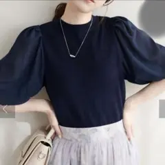 【新品】natural couture 異素材バルーン袖ニット ネイビーのサムネイル
