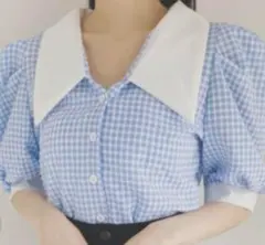SONYUNARAビッグカラーギンガムチェックブラウス　ガーリー　水色×ホワイトのサムネイル