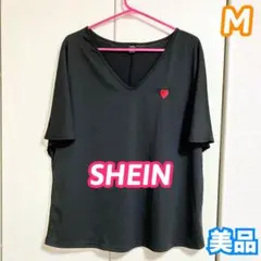【美品】SHEIN ブラック Vネック Tシャツ ハート刺繍 オーバーサイズ
