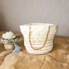 ハンドメイド/手編みかごバッグ ホワイト ストライプ