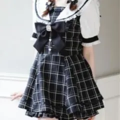 リボン付き★半袖セーラーカラーセットアップ ブラックチェック
