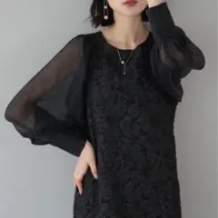 Rejoule シアースリーブ ジャガードワンピース 結婚式 お呼ばれ ブラック