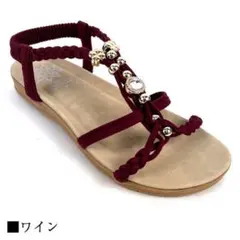 【新品】人気リゾートサンダル編み込みビジュー付きフラットサンダルぺたんこのサムネイル