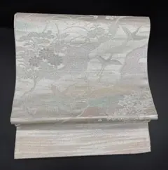 高級 正絹 袋帯 礼装 フォーマル 洒落帯　銀糸　鶴　花柄　323