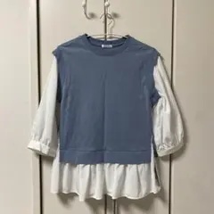ハニーズ ブラウス レイヤード風トップス 青 水色 リボン フリル 春 秋 服