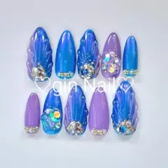 ネイルチップ　現品　人魚の鱗　マーメイド　ブルー　貝殻　ジェル　スキニーオーバル