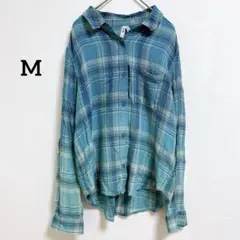 美品✨Mudd 【M】レーヨン100% チェックシャツ ブルー 肩刺繍 幾何学