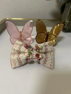 fitafitaさまツイードリボンバレッタ ピンクと緑