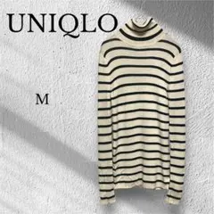 訳あり　ユニクロ　メリノリブタートルニット【M】オフ白✕黒ボーダー　ウール100