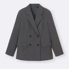 【美品】GUダブルブレストチェックジャケット Sダークグレー