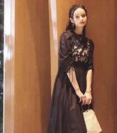 【M】 Dorry Doll フラワーレース×オーガンジードレス　アーミーカーキ