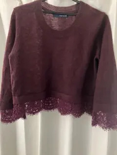 セール　バーガンディ ニットセーター レース裾 長袖　薄手
