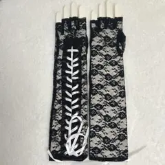 【新品】ロング レースグローブ 指なし フィンガーレス 黒×白リボン ゴスロリ