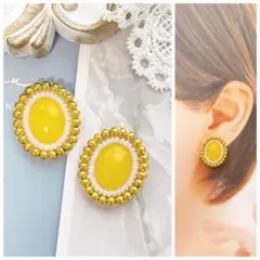 #77 イエロー × ゴールド ラウンド型 ビーズ刺繍 ピアス / イヤリング