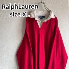 90s ラルフローレン ラガーシャツ 刺繍ロゴ ビッグサイズ XL 赤色 レッド