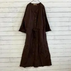 ラル LARU ロングワンピース 長袖 Vネック 大きいサイズ 体型カバー 麻混