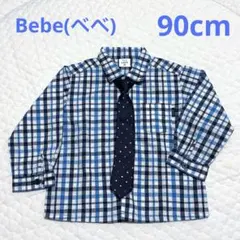 Bebe　チェック柄長袖シャツ　ネクタイ付き　ブルー系　90cm