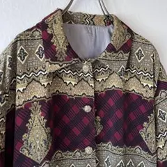 古着 総柄ジャケット ブルゾン 派手 L 赤 スカーフ柄 金ボタン 個性的