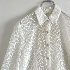 used リーフ刺繍シースルーシャツ ホワイト クリスタルボタン 切り替え 古着