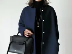 シンプル ミドル 丈 ラウンドネック ベルトレス 韓国風 コート ダークブルー