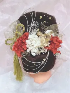 髪飾り　成人式　結婚式　卒業式　ドライフラワ　水引　金箔　金赤豪華【即購入OK】