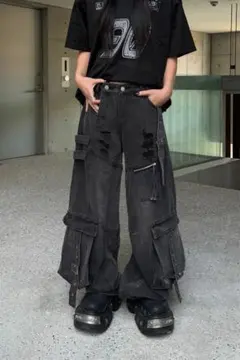 【KsG】ワイドレッグベルトデザインデニム