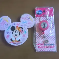 ディズニー ミニー 35周年 コンパクトミラー リールキーホルダー 2点