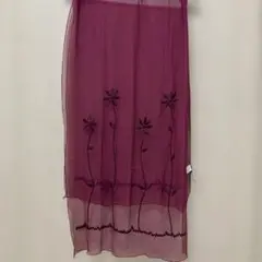ワインレッド 花柄刺繍 シルクシフォンストール　フランス製