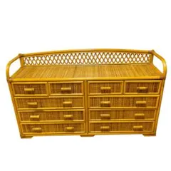 【大人気】ラタン 籐 ワイド ローチェスト 棚 10杯 昭和レトロ ヴィンテージ