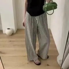 レディース ワイドパンツ ストライプ柄 イージーパンツ 薄手 カジュアル