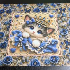未使用　可愛い猫ちゃんパネル生地＆デニム風ニットアンティーク薔薇刺繍リボン柄生地