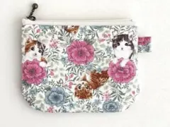 猫 フラワー ミニポーチ ハンドメイド 小銭入れ カード入れ オフホワイト