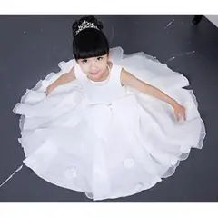 女の子 ウェディングドレス ワンピース リボン 付き 長袖 (白90)