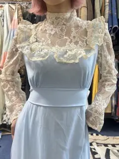 ヴィンテージ★フリル★ワンピース★ドレス 水色 レース パーティ 二次会 結婚式