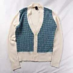 ビンテージ古着 80s90s チェック レトロ ローゲージ 総柄カーディガン