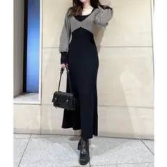 ①リゼクシー ハウンドトゥースニットワンピース ブラック 秋冬 ガーリー 量産
