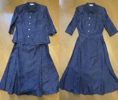 ネイビー 花柄 ブラウス＆スカートセットアップ シルク100% L