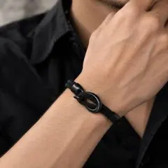 メンズブレスレット　二重コード　紐　ブラック　マットブラック　フック　シンプル