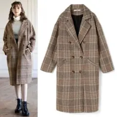 GRL チェックロングダブルチェスターコート F