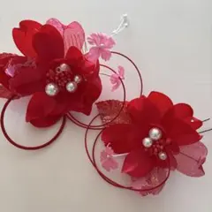 【髪飾り　セット】花・赤色系　日本製