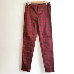 ユニクロ　イージーチェックレギンスパンツ　テーパード　ウエストゴム　赤　M