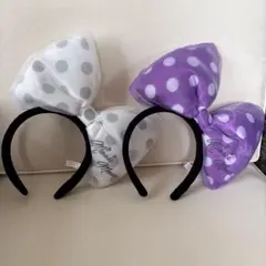 ミニーマウスリボンカチューシャ 白紫水玉　ホワイトとパープルのセット