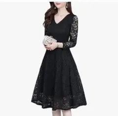 パーティーワンピース 総レース　黒　フォーマル　結婚式　Aライン きれいめ