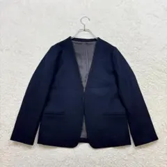 シップス【34】紺系 ノーカラージャケット パイピング ウール混 裏地付き 秋冬