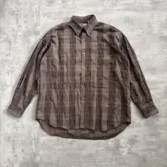 長袖総柄チェックシャツ 茶系 メンズL〜XL相当 ゆったり 大きいサイズ レトロ